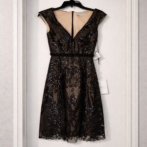 Mac Duggal 67514 Black Sequin Tea Length Embellished Dress Size 2 NWT